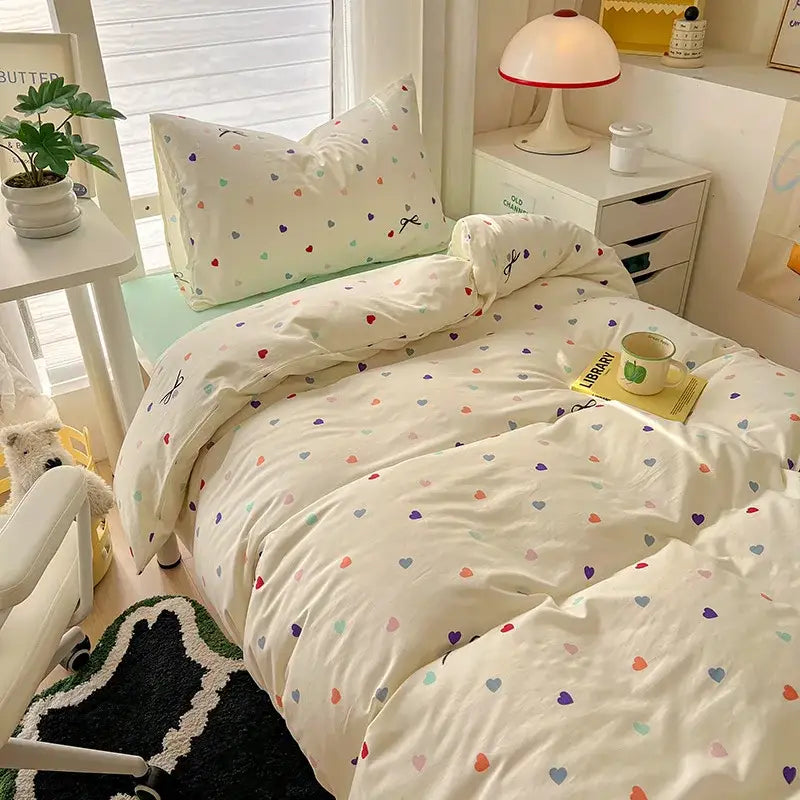 Cartoon printed bedding sets cream & blue bedroom cat duvet set