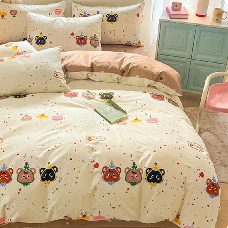 Cartoon printed cotton duvet cover cream bedroom bedding set