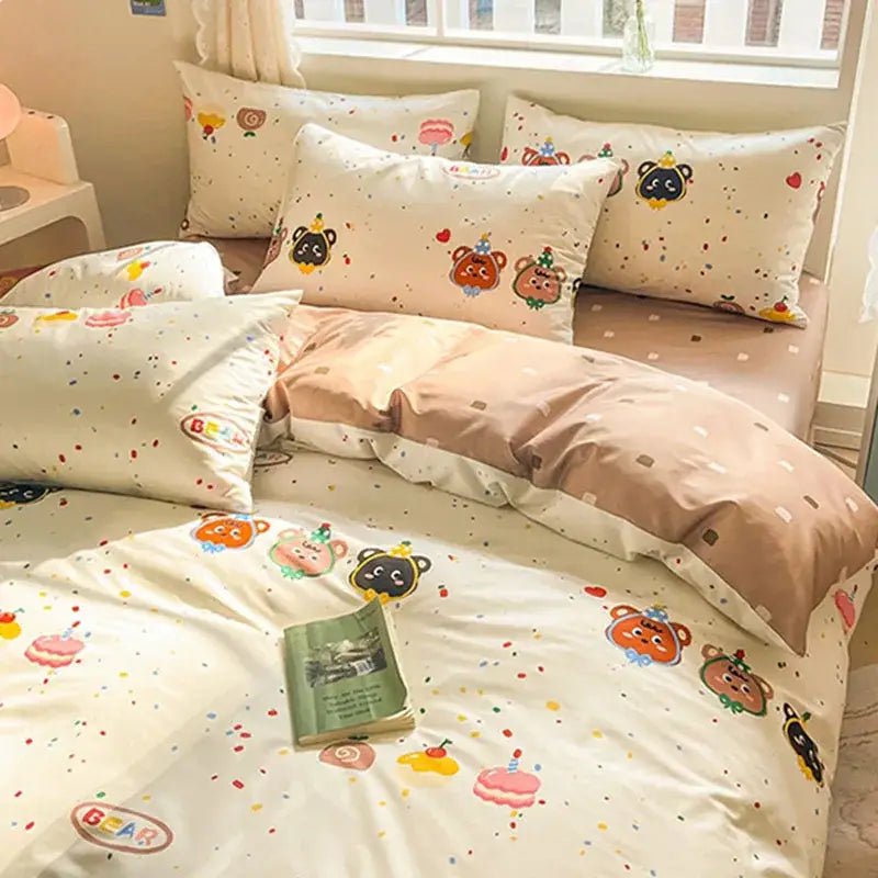 Cartoon printed cotton duvet cover cream bedroom bedding set