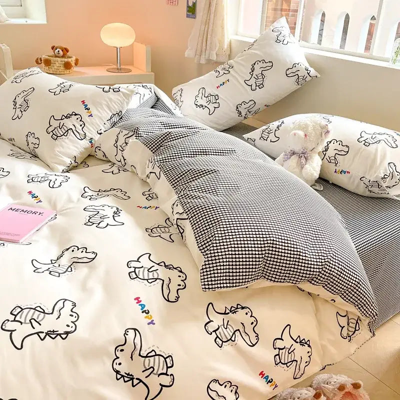 Cartoon printed cotton duvet cover cream bedroom bedding set