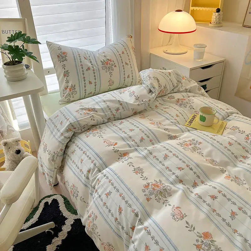 Cartoon style cream & blue bedding sets bedroom cotton cat print