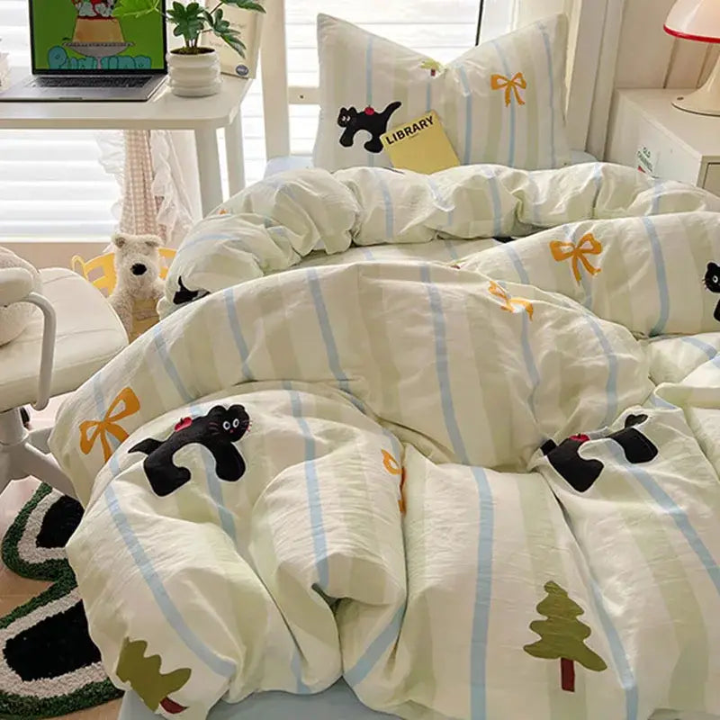 Cartoon style cream & blue bedding sets bedroom cotton cat print