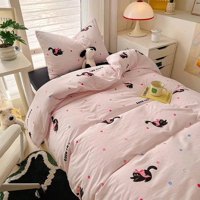 Cartoon style cream & blue bedding sets bedroom cotton cat print