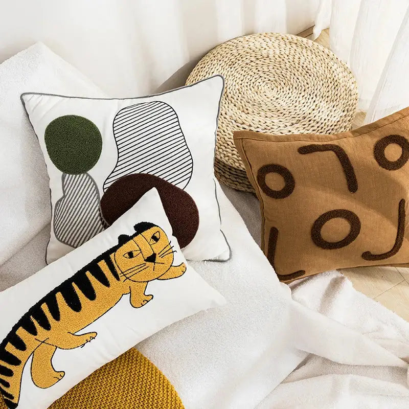 Cartoon tiger embroidered yellow cotton pillow cover bedroom