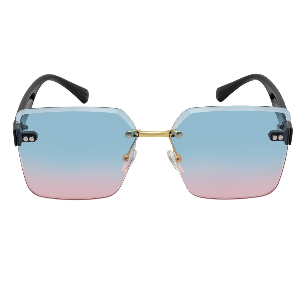 CASCADE - Rimless Oversize Square Sunglasses Black-Gold Blue-Pink Lens