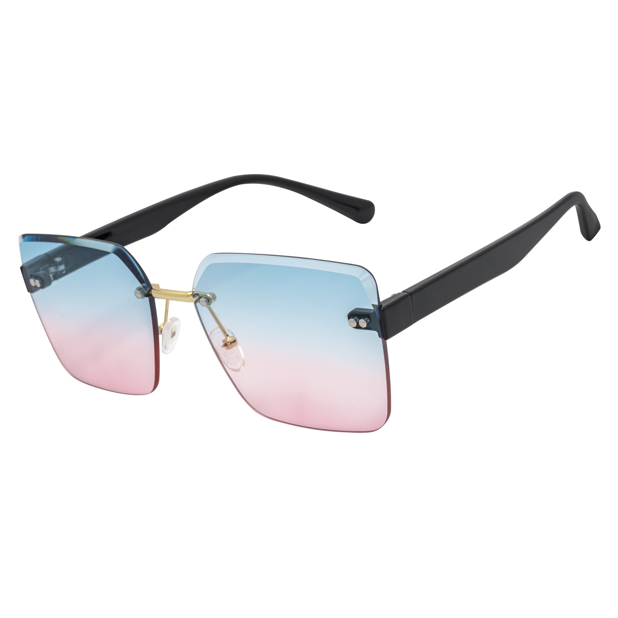 CASCADE - Rimless Oversize Square Sunglasses Black-Gold Blue-Pink Lens