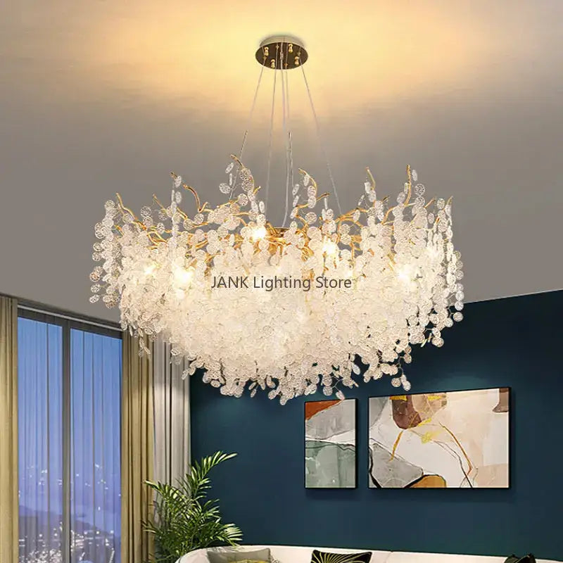 Cascading gold circular crystal chandelier living room pendant light