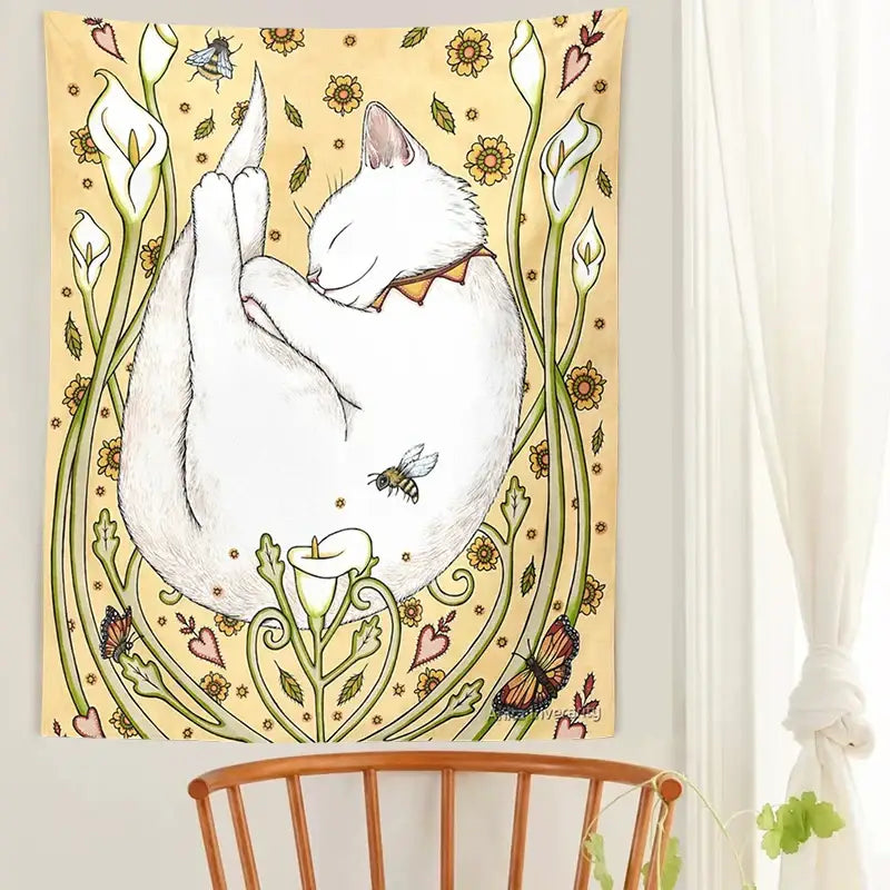 Cat botanical flower wall tapestry cream sleeping cat bedroom decor