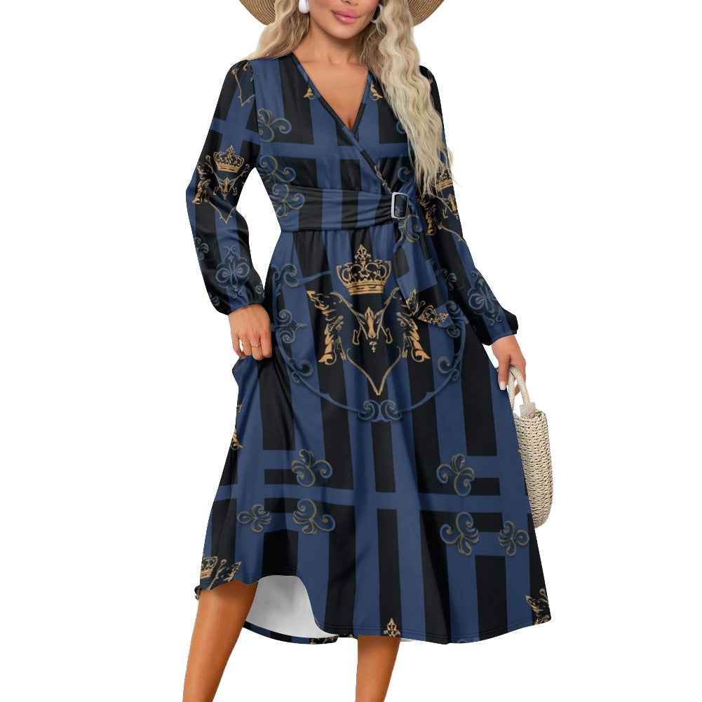 V-Neck Long Sleeve Midi Dress