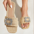 Square Head Straw Rhinestone Flats For Outdoors Vacation Leisure Slippers Women