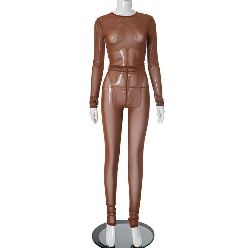Long Sleeve Top Mesh See-through Bodysuit Jumpsuit