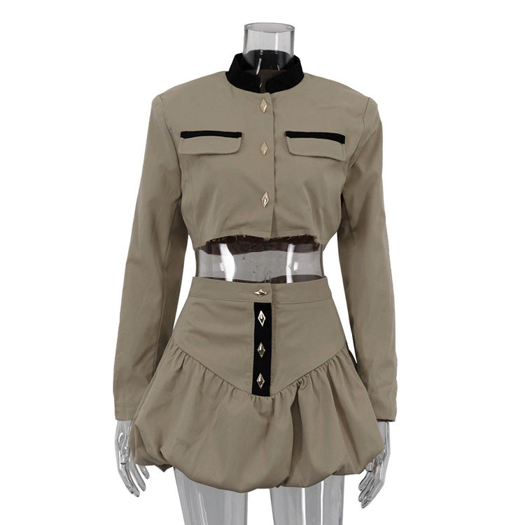 Stand-up Collar Long Sleeve Skirt Two-piece Set