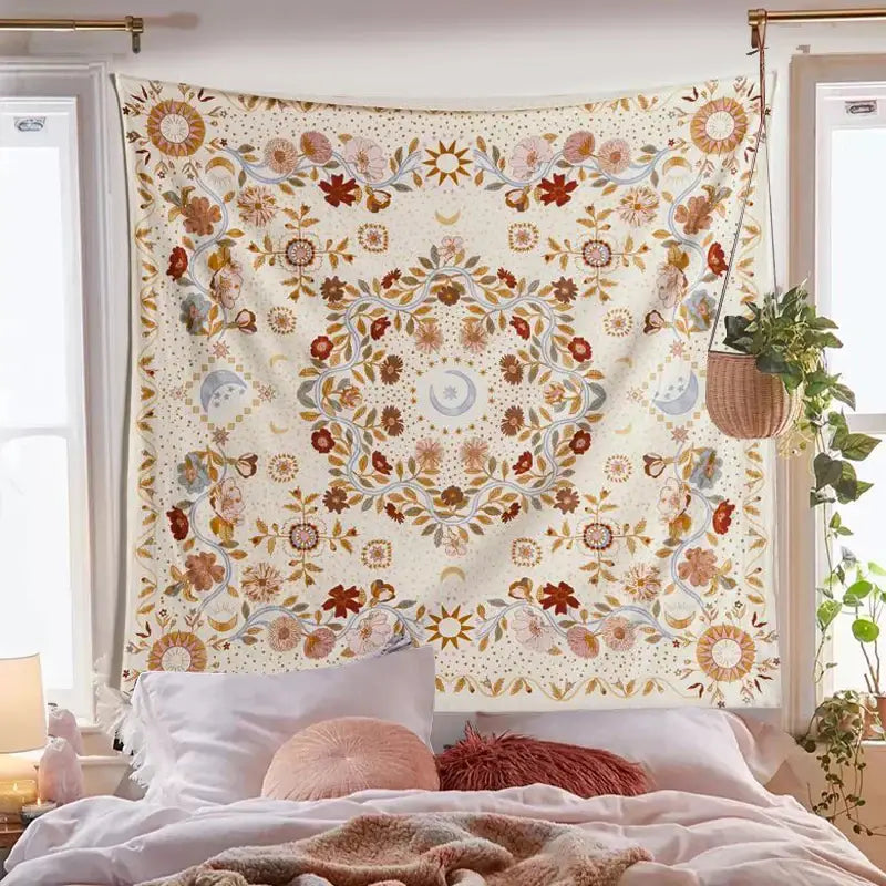Celestial floral moon phase tapestry bedroom wall decor