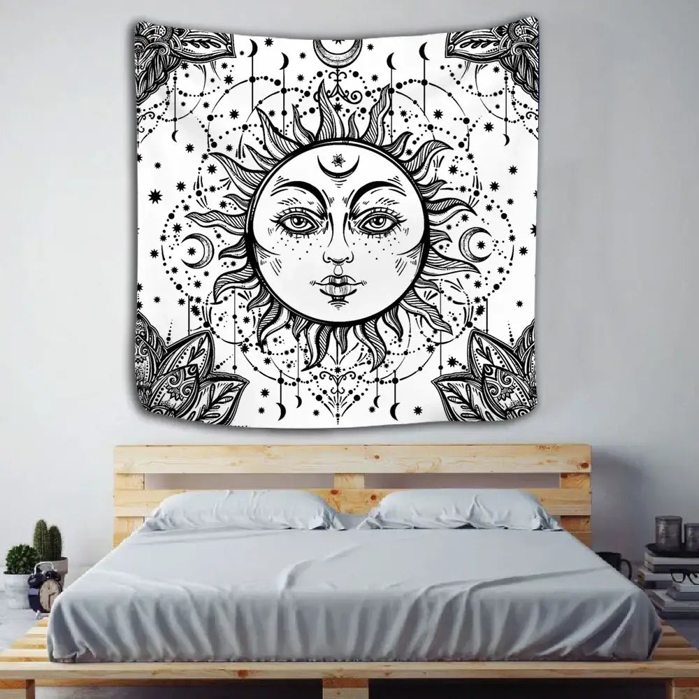 Celestial mandala tapestry black & white wall hanging bedroom decor