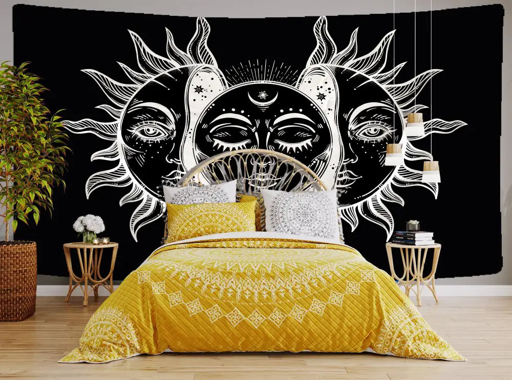 Celestial mandala tapestry black & white wall hanging bedroom decor