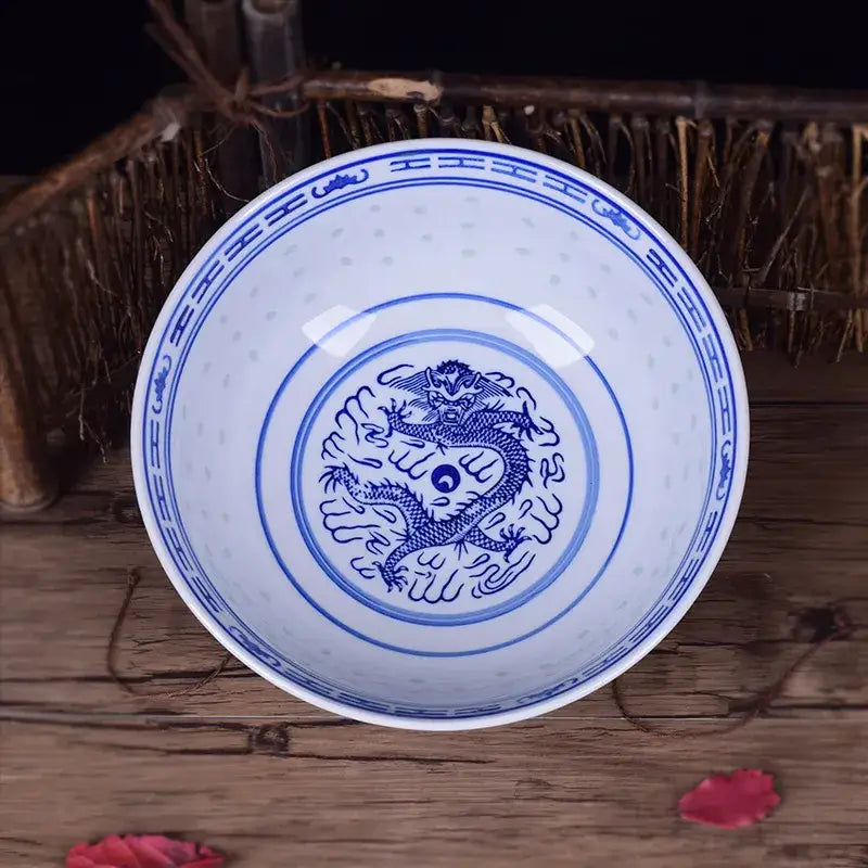 Ceramic dragon print nested bowls set blue & white dining room dishes
