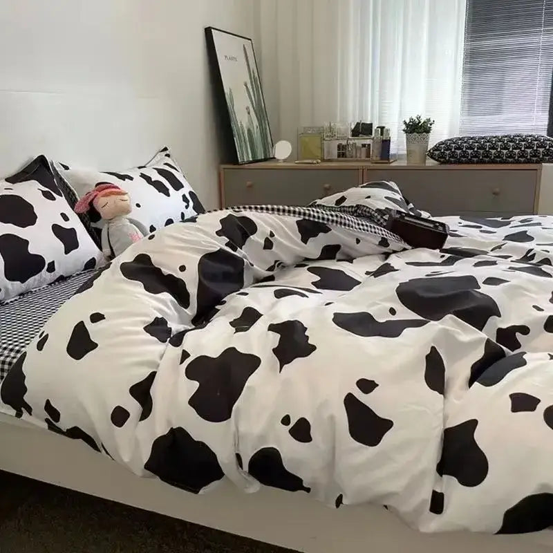 Checkerboard black & beige satin duvet cover set bedroom bedding