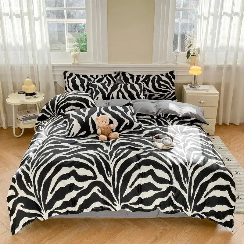 Checkerboard black & beige satin duvet cover set bedroom bedding