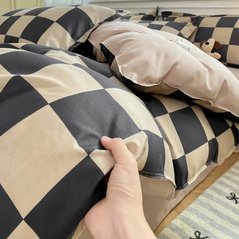 Checkerboard black & beige satin duvet cover set bedroom bedding