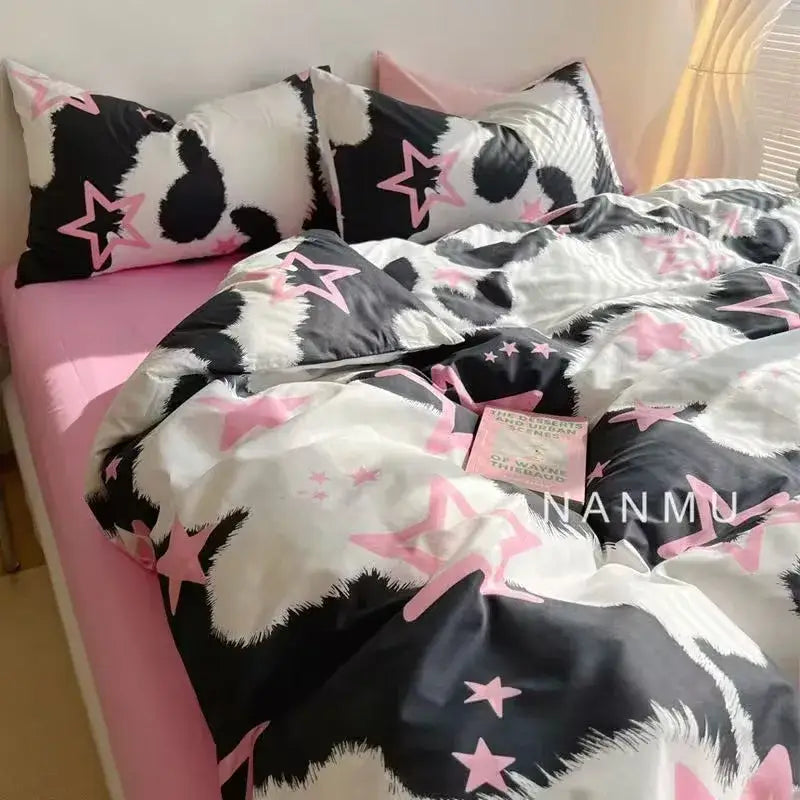 Checkerboard black & beige satin duvet cover set bedroom bedding