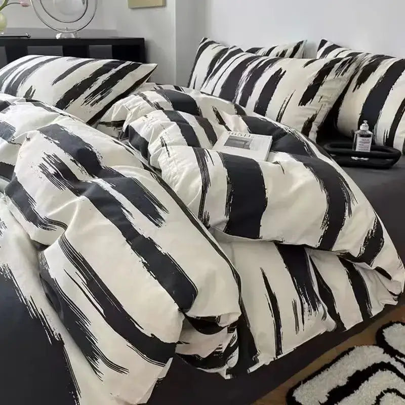 Checkerboard black & beige satin duvet cover set bedroom bedding