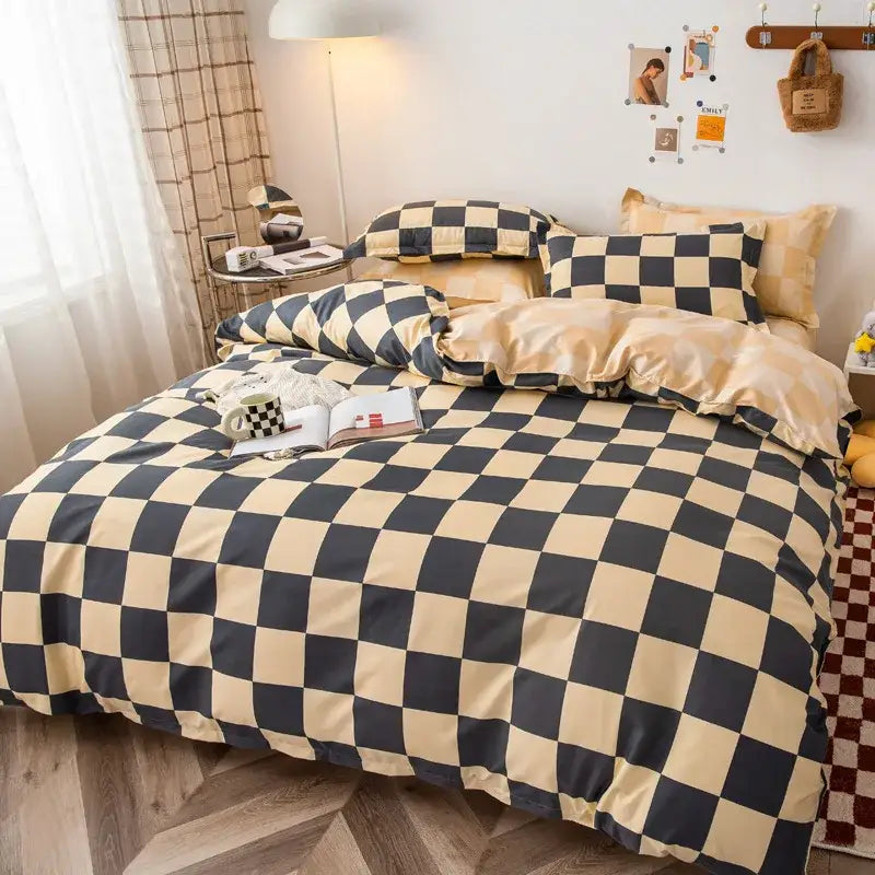 Checkerboard black & beige satin duvet cover set bedroom bedding