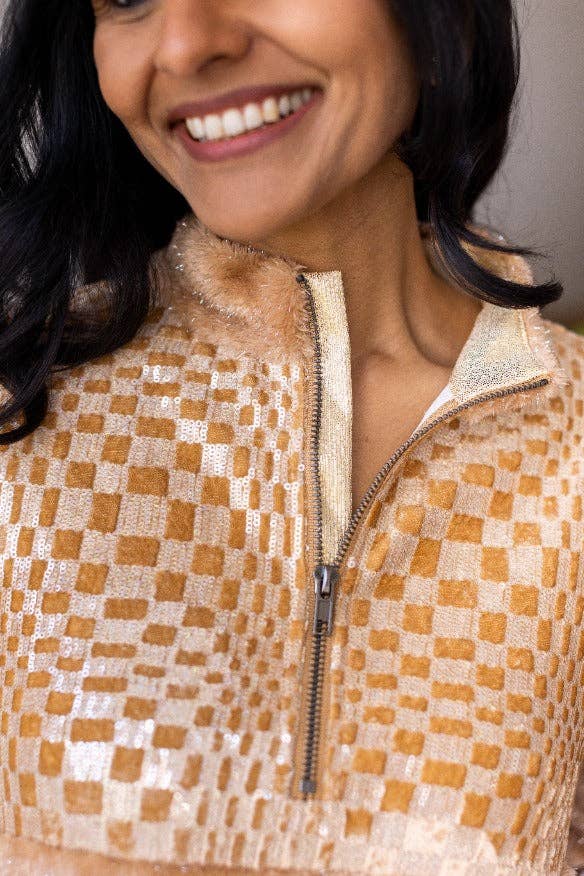 Southern Grace Beige Checkered Half-Zip Sherpa Pullover — Cozy Western Layering Essential