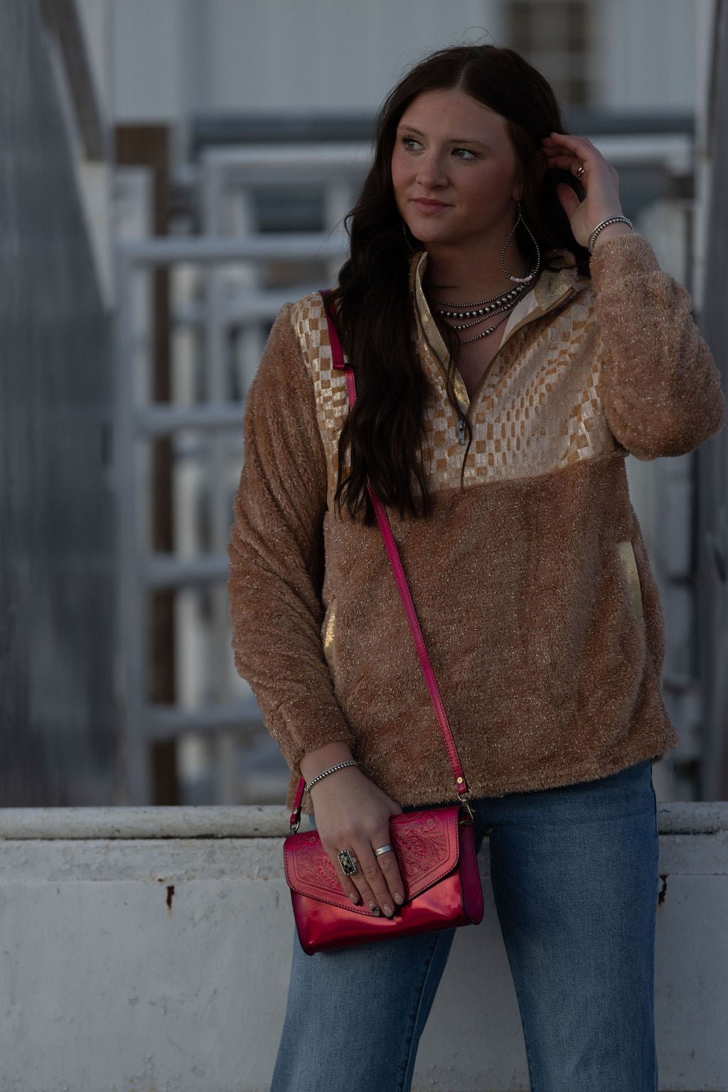 Southern Grace Beige Checkered Half-Zip Sherpa Pullover — Cozy Western Layering Essential