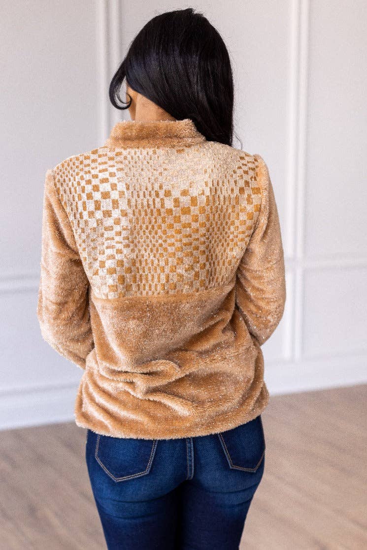 Southern Grace Beige Checkered Half-Zip Sherpa Pullover — Cozy Western Layering Essential