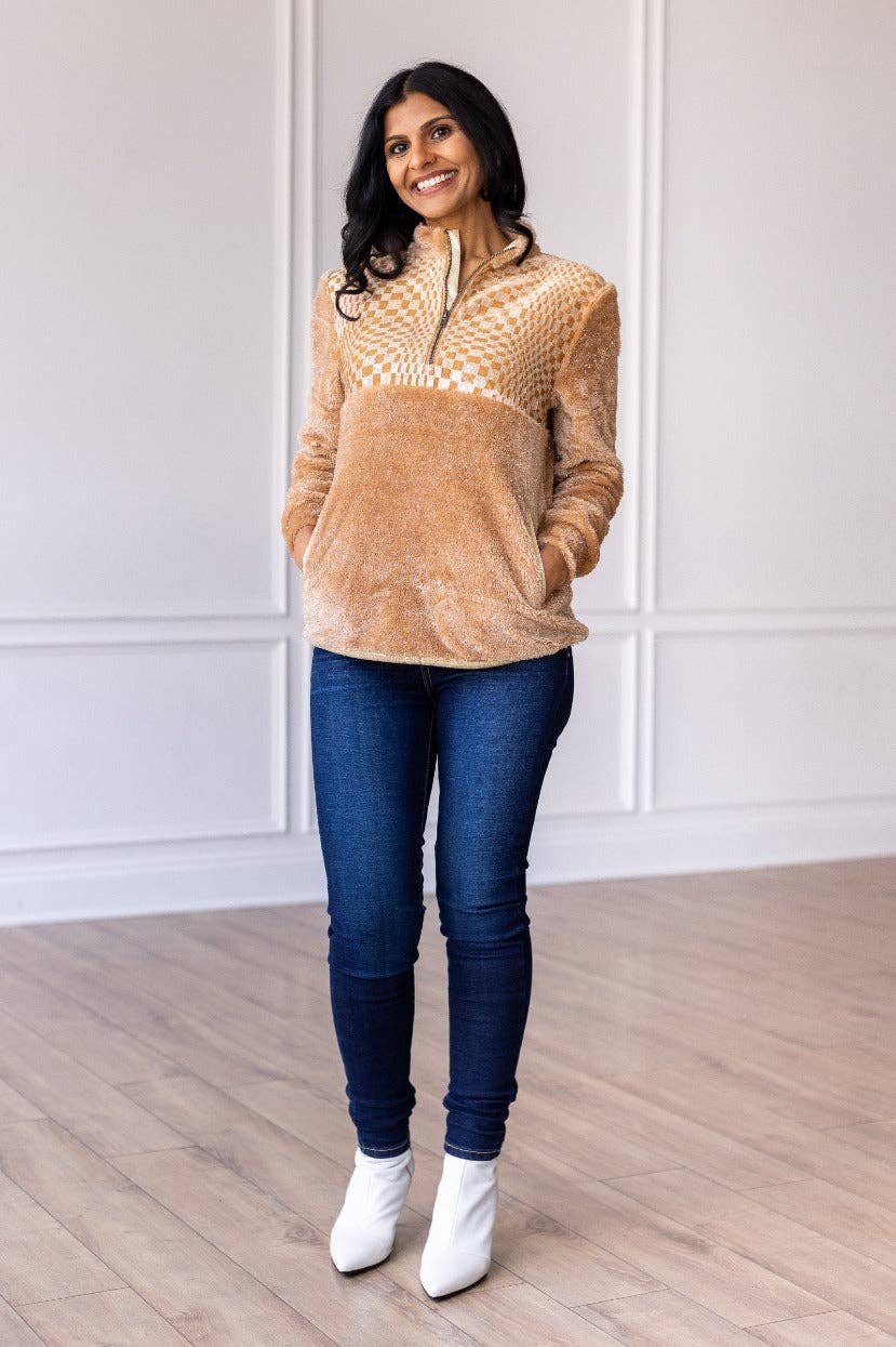 Southern Grace Beige Checkered Half-Zip Sherpa Pullover — Cozy Western Layering Essential