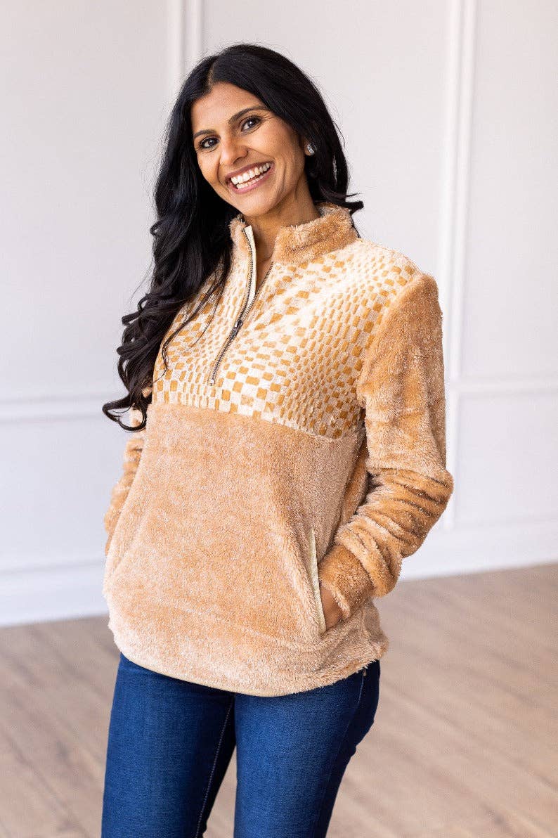 Southern Grace Beige Checkered Half-Zip Sherpa Pullover — Cozy Western Layering Essential