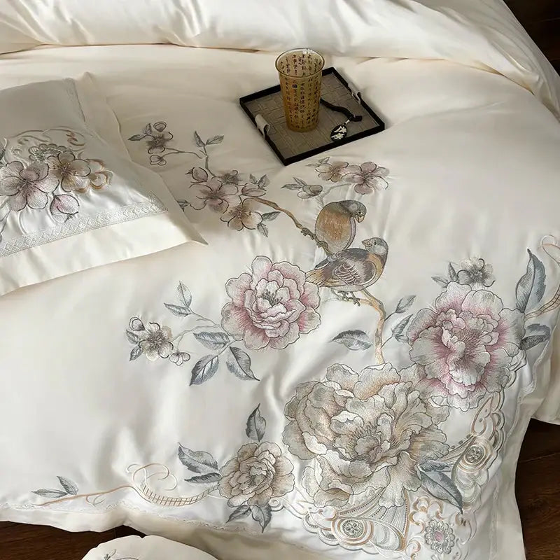 Chinese flowers bird embroidery bedding set bedroom white satin duvet