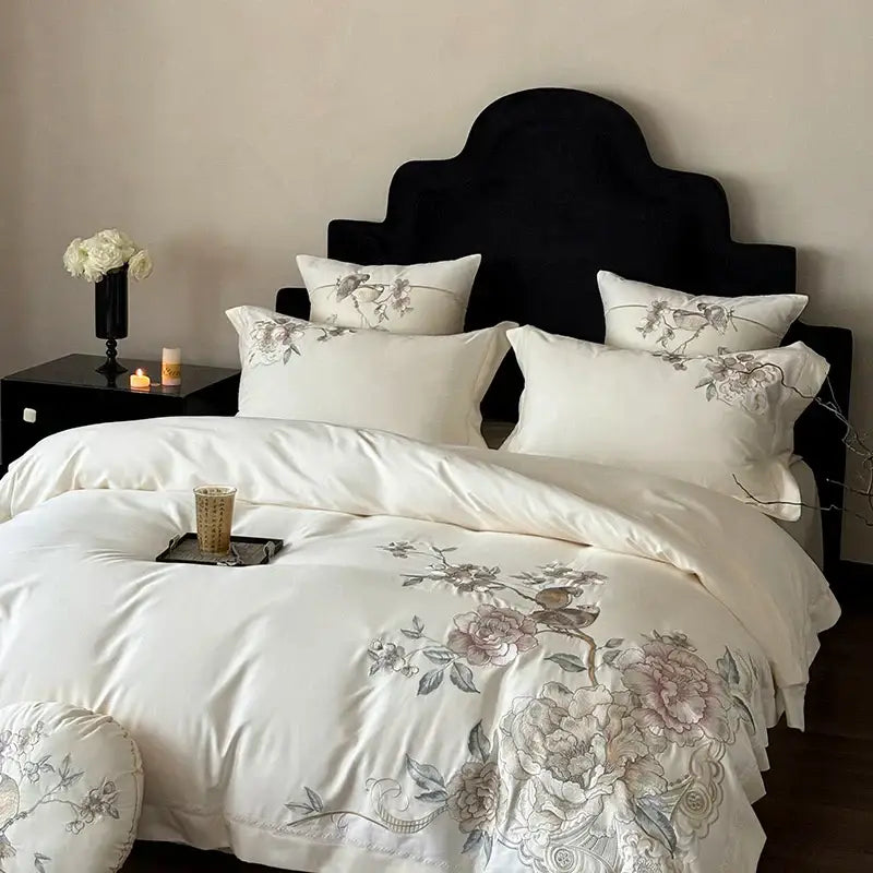 Chinese flowers bird embroidery bedding set bedroom white satin duvet