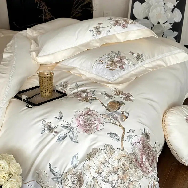 Chinese flowers bird embroidery bedding set bedroom white satin duvet