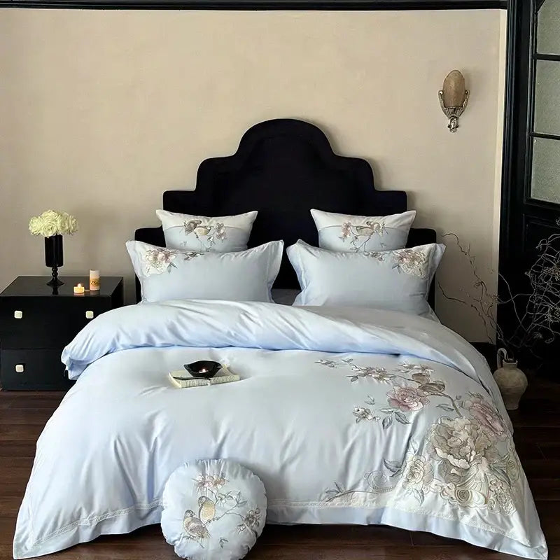 Chinese flowers bird embroidery bedding set bedroom white satin duvet