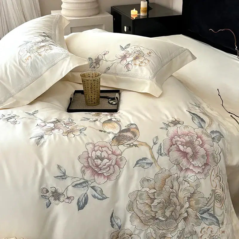 Chinese flowers bird embroidery bedding set bedroom white satin duvet