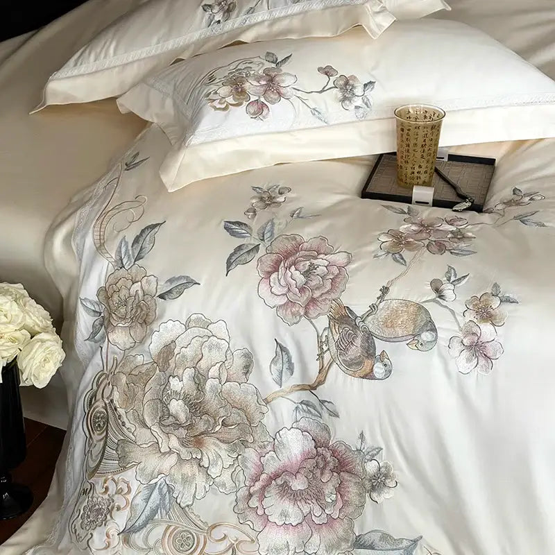 Chinese flowers bird embroidery bedding set bedroom white satin duvet