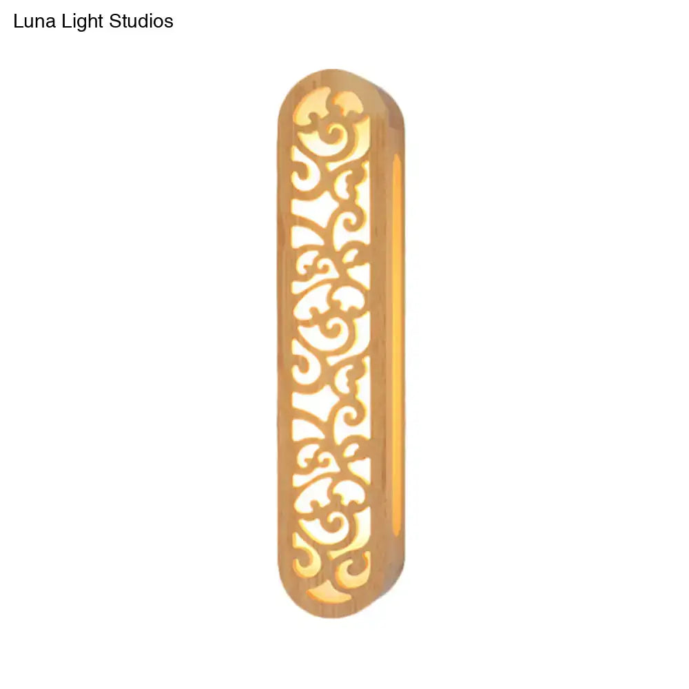Chinese style beige carved wood wall light fixture bedroom sconce