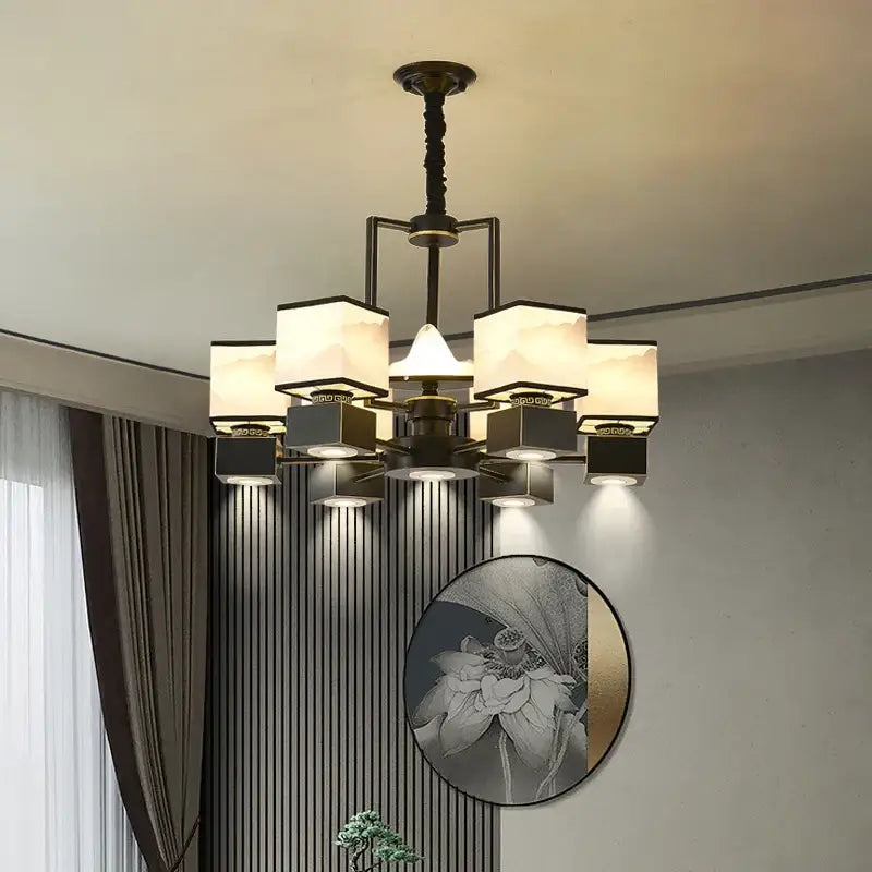 Chinese zen marble chandelier for living room with frosted glass