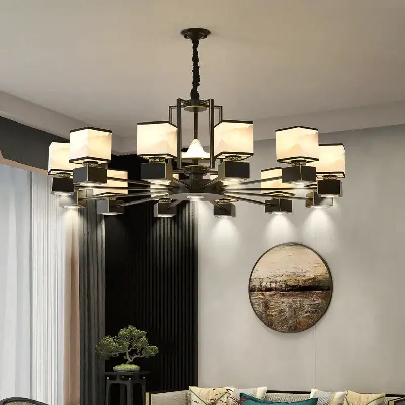 Chinese zen marble chandelier for living room with frosted glass