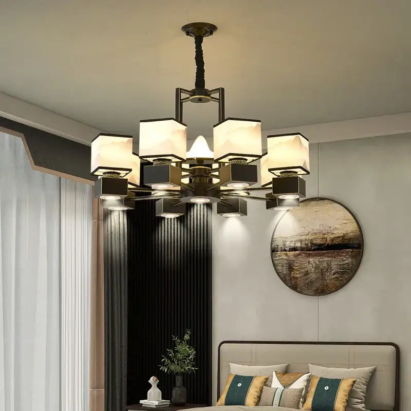 Chinese zen marble chandelier for living room with frosted glass