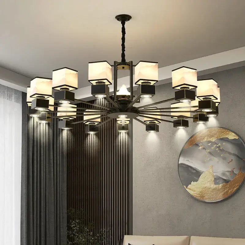 Chinese zen marble chandelier for living room with frosted glass