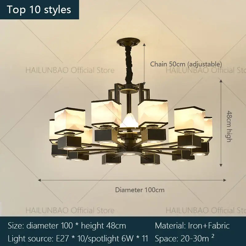 Chinese zen marble chandelier for living room with frosted glass