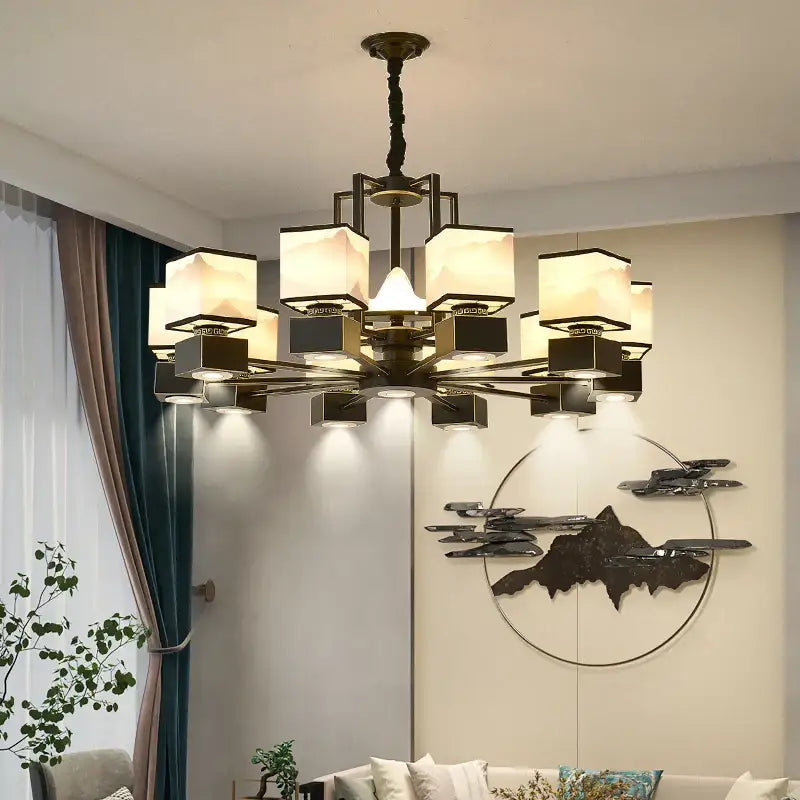 Chinese zen marble chandelier for living room with frosted glass