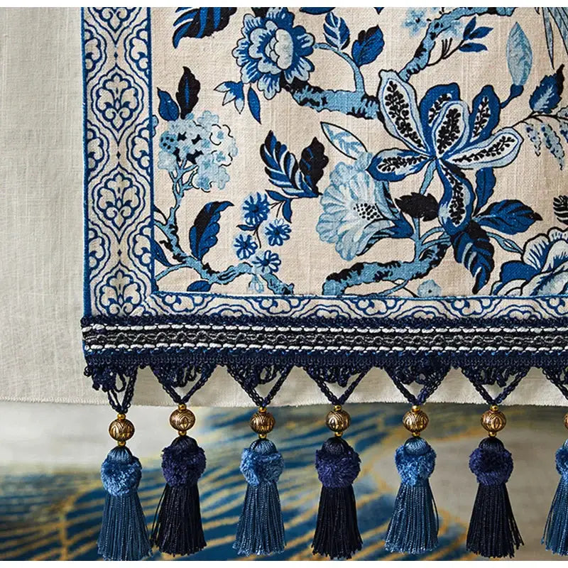 Chinoiserie blue & white porcelain table runner dining room tassel