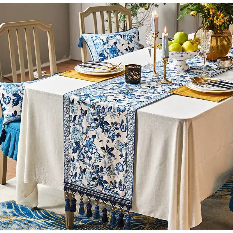 Chinoiserie blue & white porcelain table runner dining room tassel