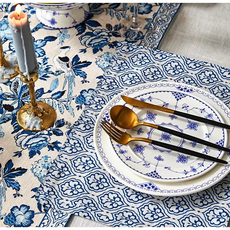 Chinoiserie blue & white porcelain table runner dining room tassel