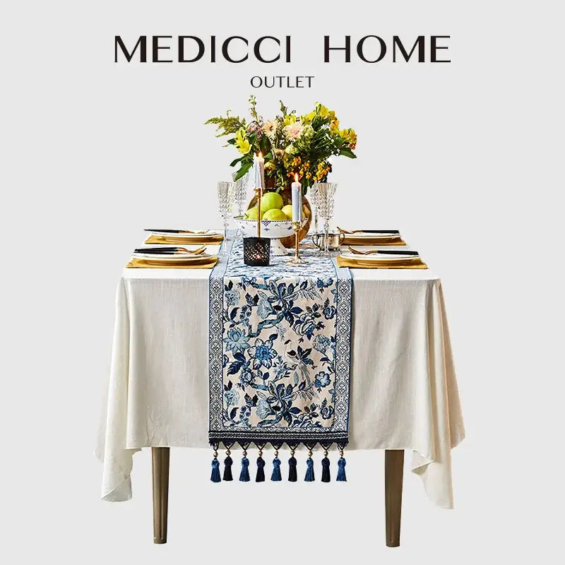 Chinoiserie blue & white porcelain table runner dining room tassel