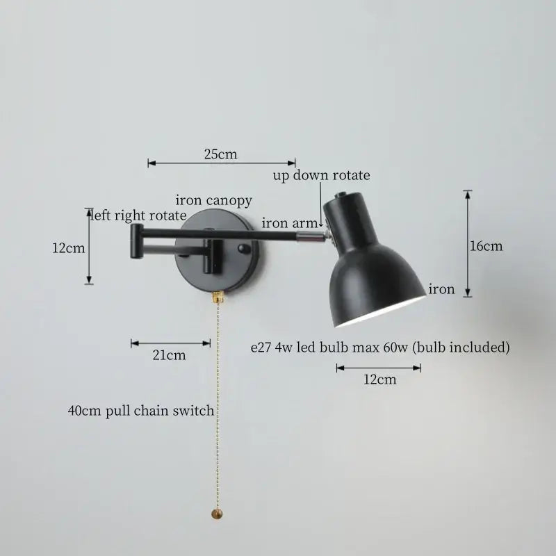 Chrome cream led swing arm wall lamp for bedroom with pull chain