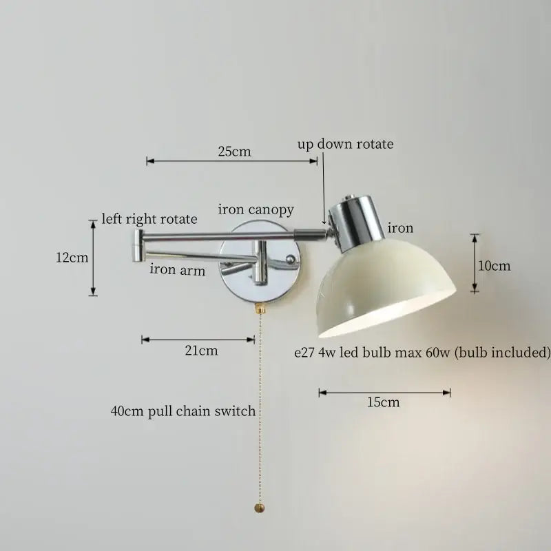 Chrome cream led swing arm wall lamp for bedroom with pull chain